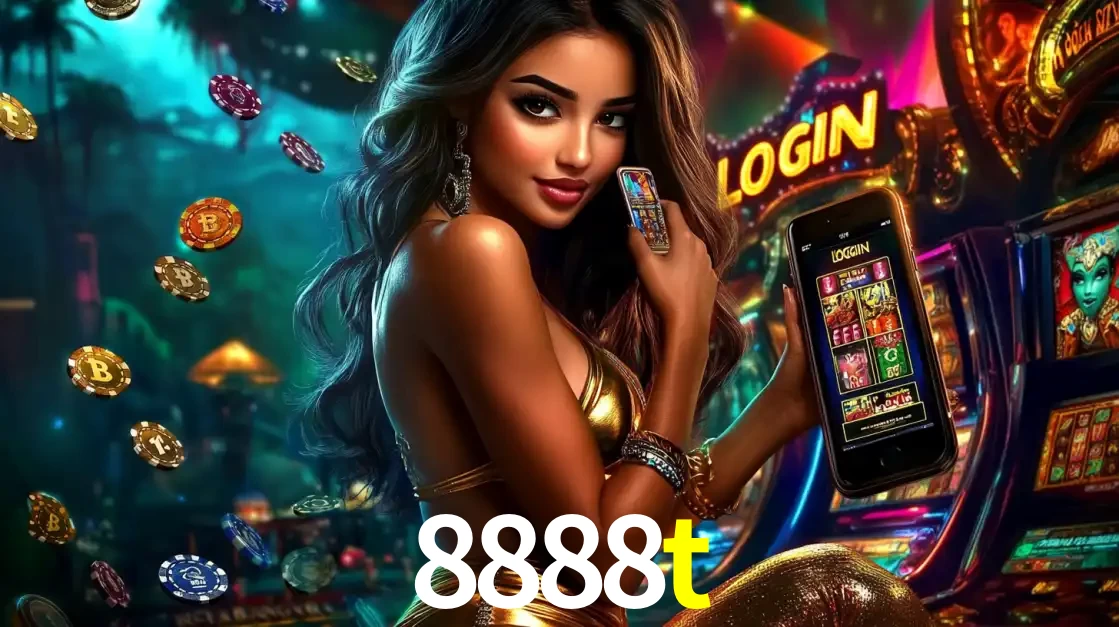 Mulher em um cenário de cassino temático de aventura, mostrando o app de caça-níqueis da 8888t no celular. Fichas de apostas flutuam ao redor.