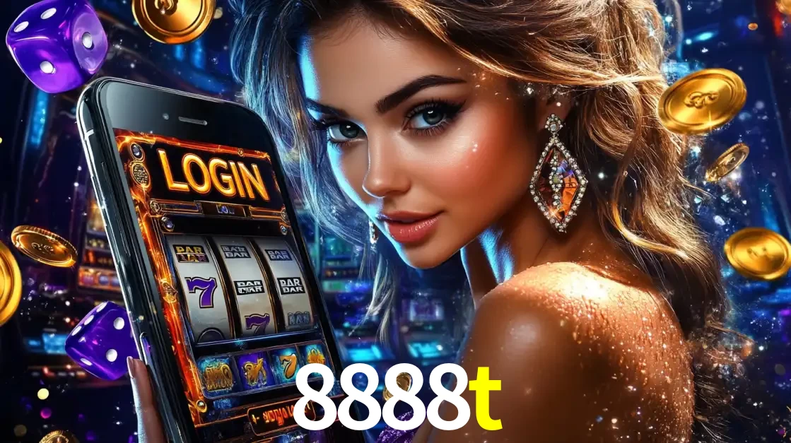 Mulher glamorosa segurando um smartphone com a tela de login para os jogos de caça-níqueis do cassino online 8888t, com moedas de ouro e dados ao redor.