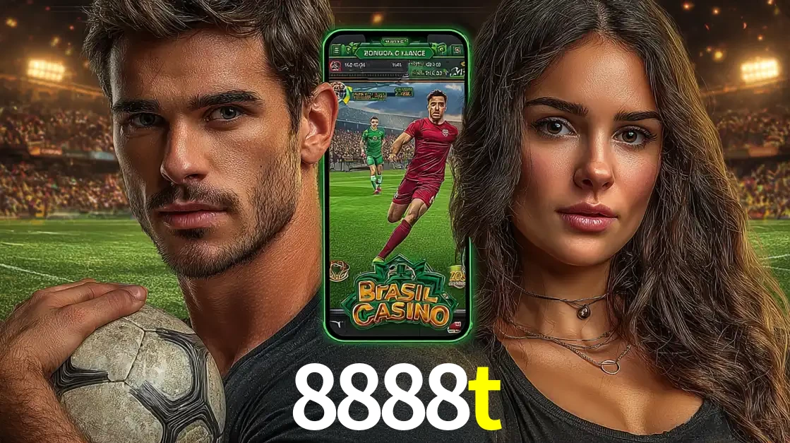 Homem segurando uma bola de futebol e uma mulher ao lado de um smartphone exibindo o jogo de apostas esportivas da 8888t. Faça seu palpite no cassino online.